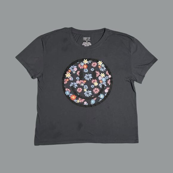 Freeze Women’s Floral Smiley Face Graphic T-Shirt - Medium, Gray - Picture 1 of 3